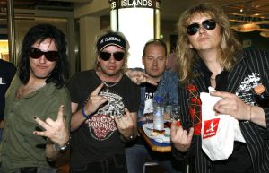 21-05-2006 SHOWBIZZ; WIG WAM MET DUTCH PRESS IN ATHENE. During Wim Wam\'s stay in the Athens they gladly met the press.For more the two hours they talked to journalist from Dutch en Greek rock en music magazines.  Since this year Eurovision was held in the Athens it was naturally that were asked about the song in the contest, and especially about the winner Lordi. A cool song and a cool show, says Wig Wam about the finnish contestants Lordi\'s Hard rock Hallelujah.We will cheer for Finland and of course Norway, says Sporty the blond guy from Wig Wam,we are busy now to do our shows in Europe and we did release a new single Wig Wamania.
foto ; Albert den iseger 