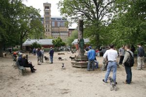 14-05-2006 DAGELIJKS LEVEN; DOGGY DATING IN NEW YORK IS MORE THE A HOT ITEM. In Washington Square Park is het elke dag feest voor de honden van New York.Er zijn daar 2 legale plaatsen waar de baasjes hun honden uit kunnen laten ze heten the dog run the small one voor kleine hondjes en the big one voor de grotere honden.Het is ook een sociale ontmoeting plaats voor allerlei honden liefhebbers.Er is hier een nieuwe rage ontstaan: Doggy dating. Allerlei hondjes komen met hun baasjes nu gekleed in de meest bizarre kleertjes, schoenen,petjes en make up.De gehele dag hoor je de meest opmerkelijke namen van alle populaire haute couture ontwerpers.De honden heten tegenwoordig hier Percy ,Ginchic ,Licorice, Ilah, Coco Chanel, Chivi, Barbie, Loverly enz.Het is echt een parade van allerlei tot over the top aangeklede hondjes die kennis met elkaar maken,snuffelen, likken en af en toe wat blaffen.De baasjes zijn meestal oud acteurs, actrices en sommige zien eruit als porno sterren.Al met al een zeer bonte vertooning en leuk om te zien. Flirten op een zondagmiddag in Washington Square Park is niet allen voor  baasjes maar nu ook voor de hondjes.
foto: Albert den Iseger