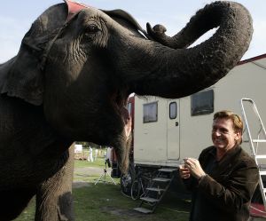 14-10-2005 SHOWBIZZ; BOEKPRESENTATIE VAN SCHRIJVER JAN VRIEND DOOR HENNY HUISMAN. Henny Huisman kwam de circus tent binnen op een olifant, daarna reikt hij de eerste exemplaren uit van het boek UIT HET DAL van schrijver Jan Vriend.Het boek gaat over verhalen van verschillende BNers. Een aantal van hen was ook aanwezig oa Maribelle,Petra Heyboer, Sylvana Simons,Xandra Brood en Marion van der Valk.Het was nog lang gezellig in het circus RENZ te Den Haag.
foto: Albert den Iseger. 